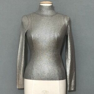 Scoop Womens Sweater S Silver Gray Meltallic Foil Ribbed Mock Fitted Retro Biker
